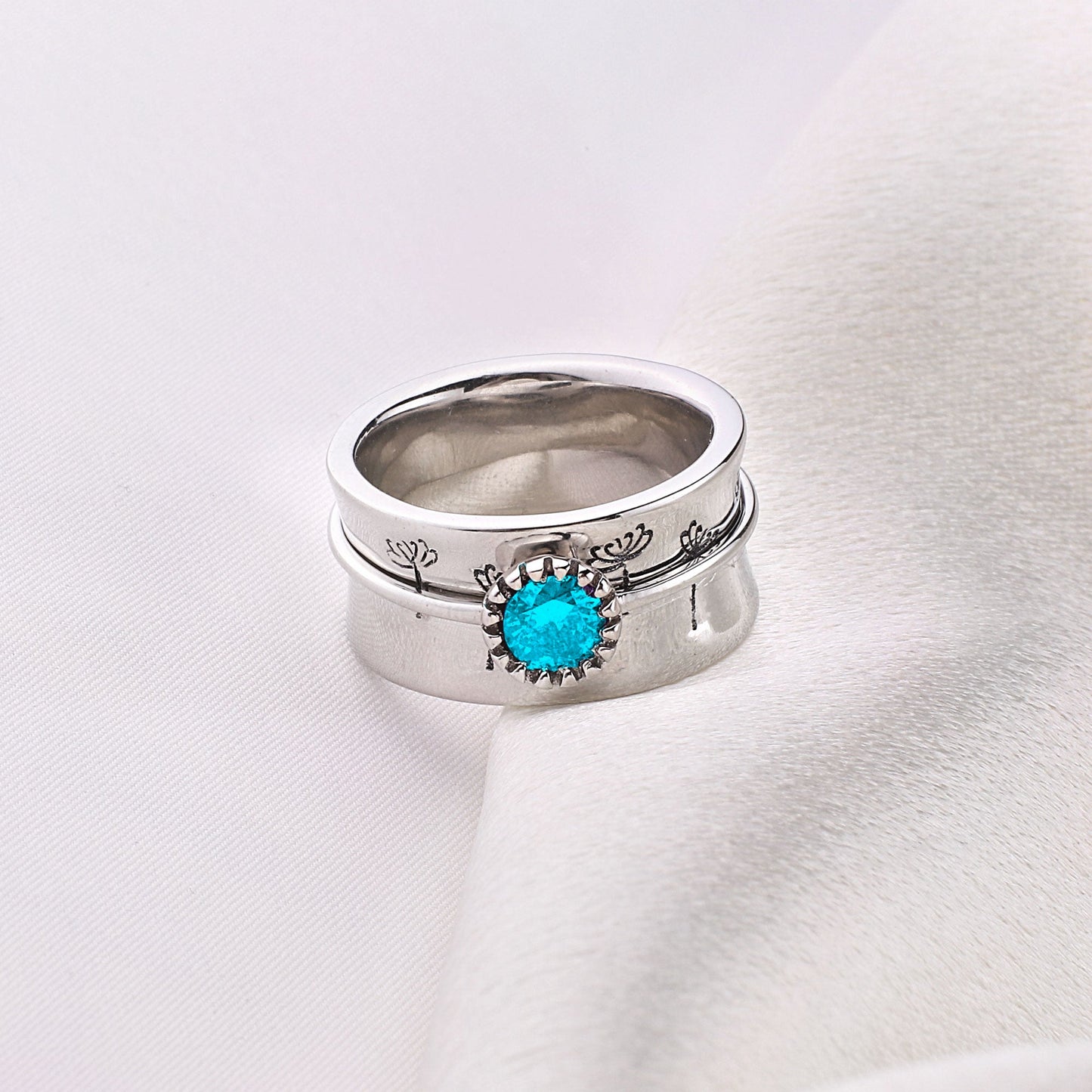 Bague Fidget Spinning Pissenlit Argent Pierre de Naissance