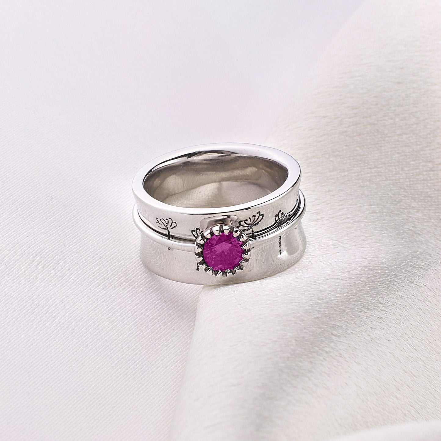 Bague Fidget Spinning Pissenlit Argent Pierre de Naissance