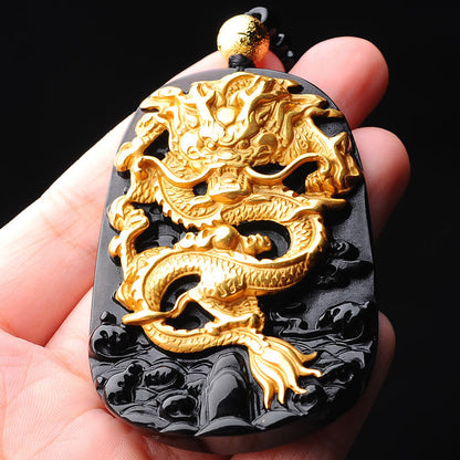 Collier pendentif porte-bonheur en obsidienne dragon plaqué or 18 carats de Buddha Stones 