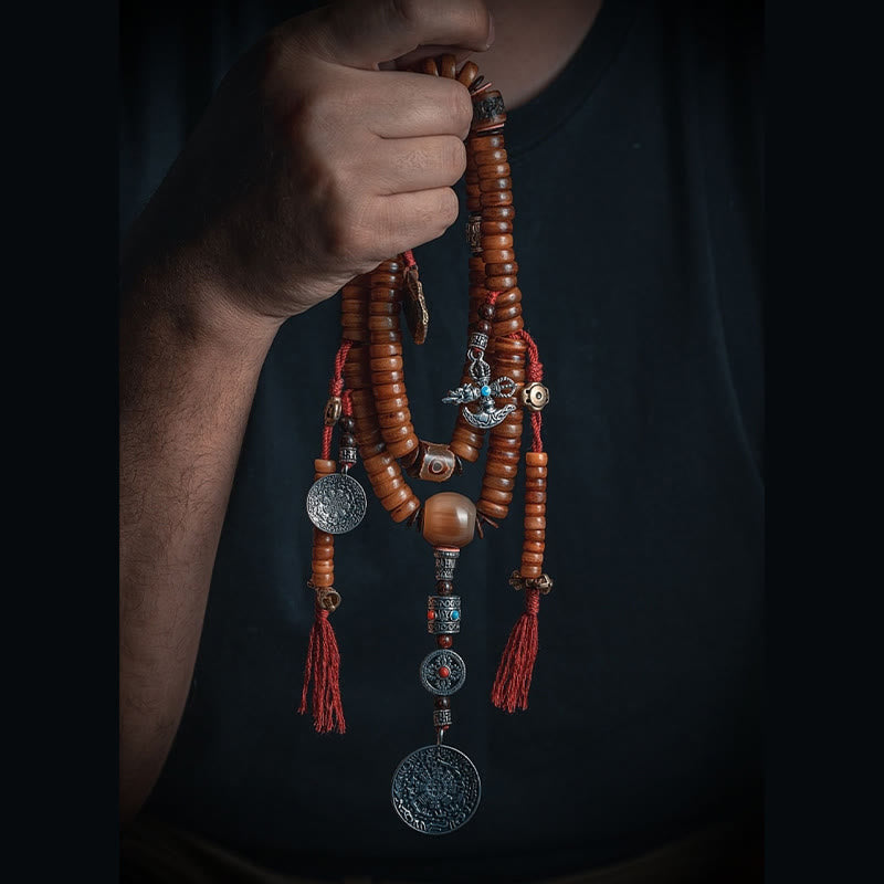 Buddha Stones Tibetische 108 Mala-Perlen Yak-Knochen Dzi-Perle Neun Paläste Acht Diagramme Charm-Stärke-Armband 