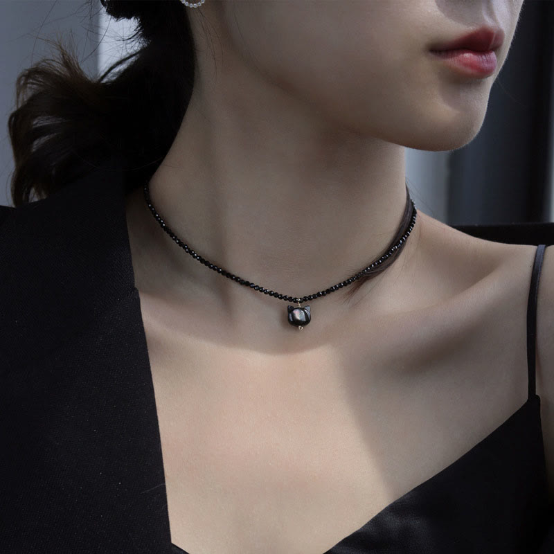 Collier ras du cou en spinelle noir avec pierres de Bouddha et motif chat mignon 