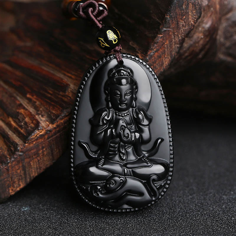 Collier pendentif en obsidienne noire naturelle avec pierres de Bouddha et zodiaque chinois