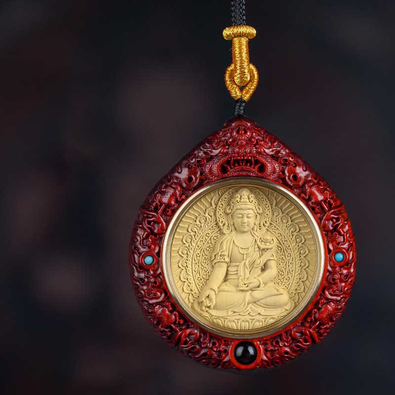 Buddha Stones Chinese Zodiac Avalokitesvara Small Leaf Red Sandalwood Ebony Longevity Necklace Pendant