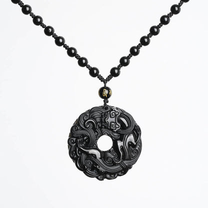 Collier pendentif en obsidienne noire naturelle avec boucle de paix et purification Pixiu 