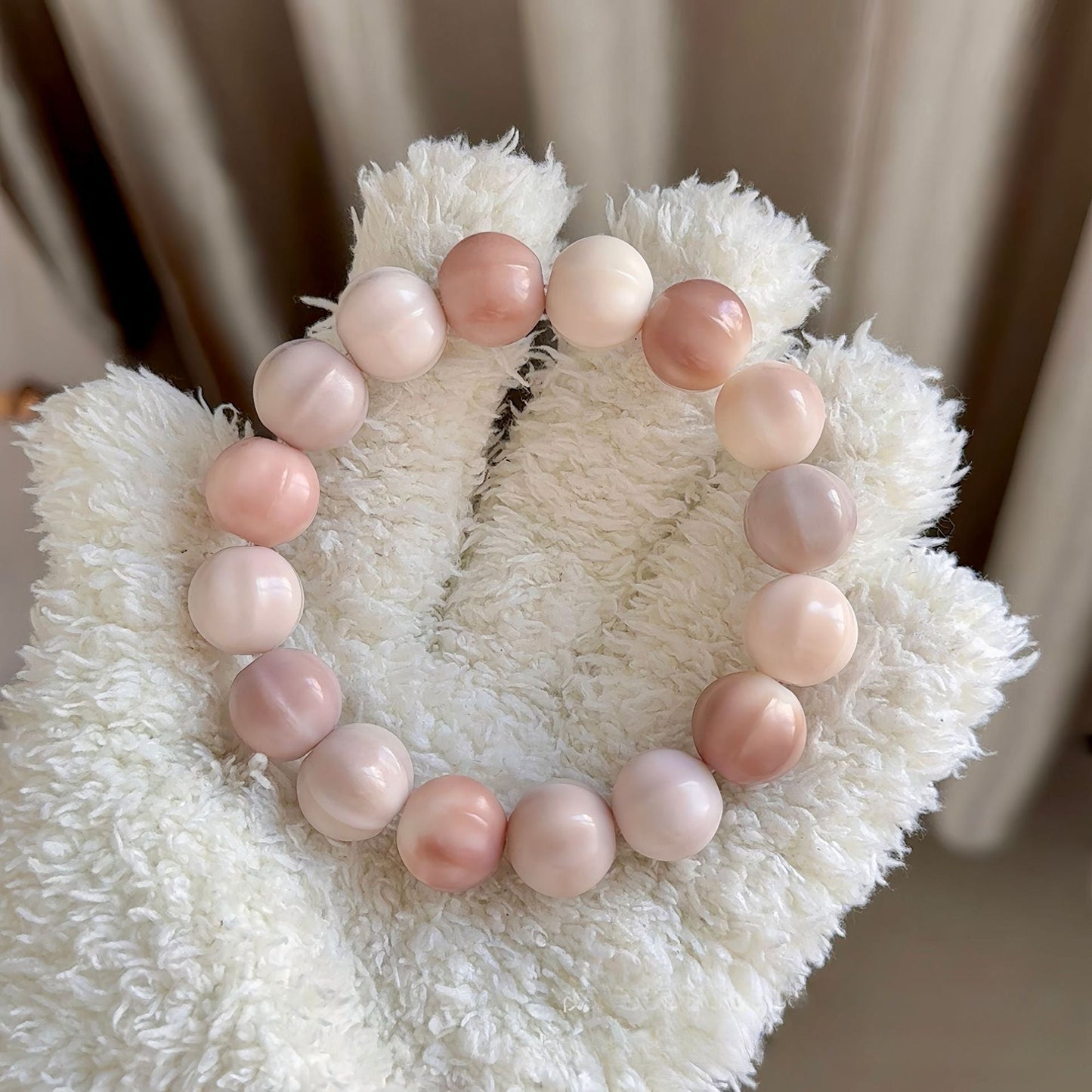 Exquisitely Carved Shark Fin Sea Salt Pink Bodhi Bracelet 14mm