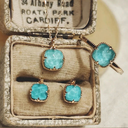 Buddha Stones 925 Sterling Silver Plated Gold Turquoise Protection Ring Earrings Necklace Pendant Set