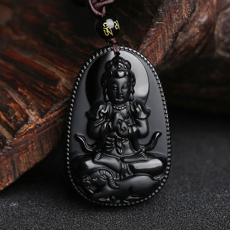 Collier pendentif en obsidienne noire naturelle avec pierres de Bouddha et zodiaque chinois