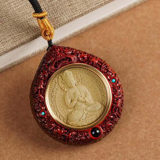Buddha Stones Chinese Zodiac Avalokitesvara Small Leaf Red Sandalwood Ebony Longevity Necklace Pendant