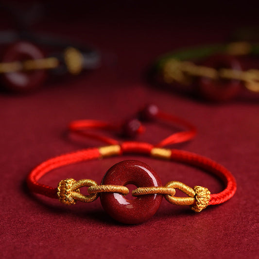 Buddha Stones Handcrafted Cinnabar Peace Buckle Pattern Concentration Braided Bracelet