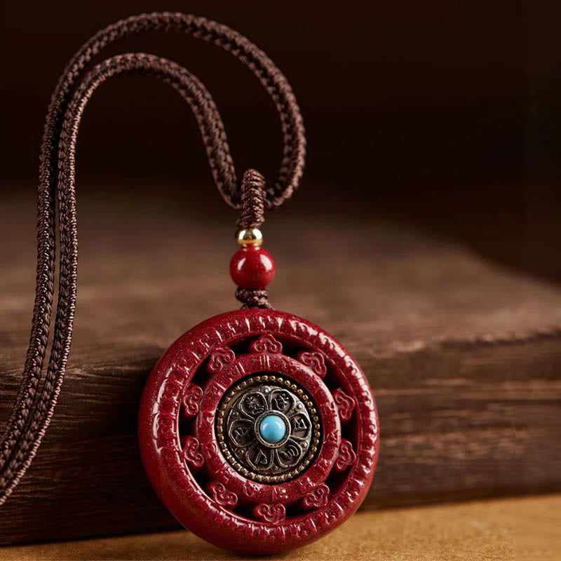 Buddha Stones Cinnabar Om Mani Padme Hum Blessing Rotatable Necklace Pendant Key Chain