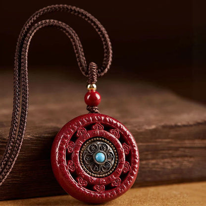 Buddha Stones Cinnabar Om Mani Padme Hum Blessing Rotatable Necklace Pendant Key Chain