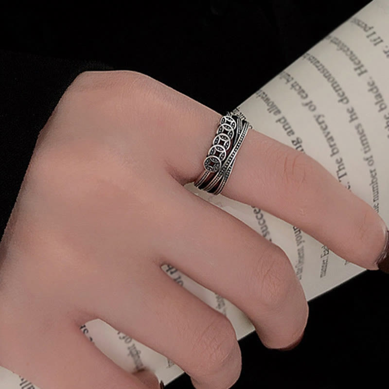 Bague ajustable en argent sterling 925 avec pierres de Bouddha et pièces de cuivre, symbole de richesse et de bénédiction