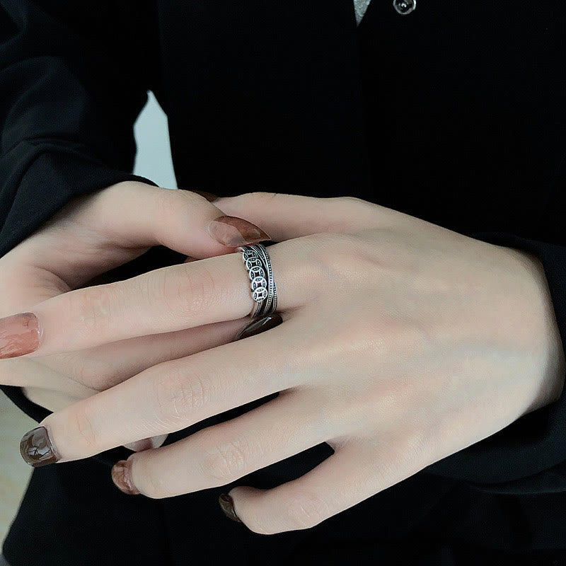 Bague ajustable en argent sterling 925 avec pierres de Bouddha et pièces de cuivre, symbole de richesse et de bénédiction
