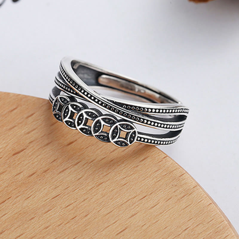 Bague ajustable en argent sterling 925 avec pierres de Bouddha et pièces de cuivre, symbole de richesse et de bénédiction