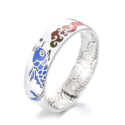 Buddha Stones 925 Sterling Silver Lucky Koi Fish Auspicious Clouds Wealth Ring