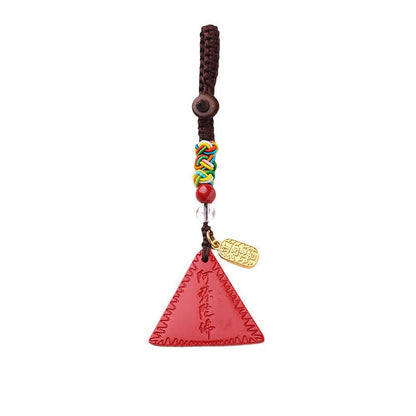 Porte-clés talisman à motif triangulaire en cinabre et pierres de Bouddha pour éloigner les mauvais esprits