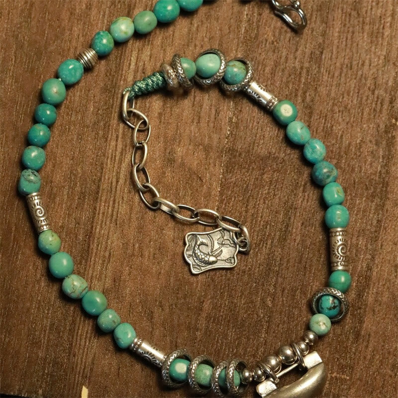 Buddha Stones Fußkettchen aus 925er Sterlingsilber mit Türkis und kleinen Perlen, chinesischer Schloss-Charme, Stärke