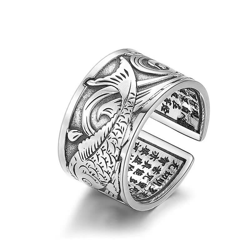 Bague porte-bonheur en pierres de Bouddha, motif sculpté de poisson Koi et de Sutra du cœur