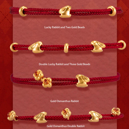 Buddha Stones 999 Gold kleines Glückskaninchen Osmanthus-Design handgefertigtes Glücksarmband aus geflochtenem Seil 