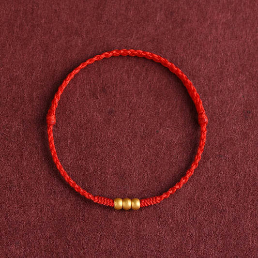 Buddha Stones 999 Gold Mini Three Beads Design Handmade Luck Rope Bracelet Anklet