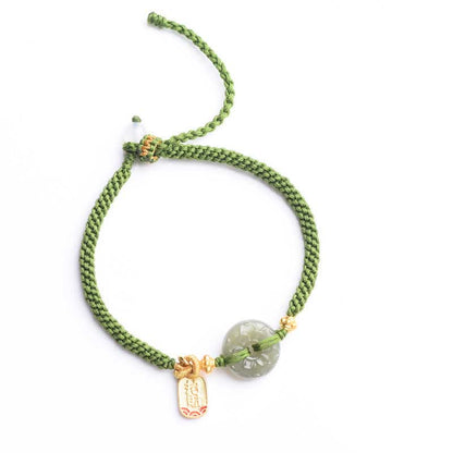 Bracelet en corde verte avec boucle de paix en jade vert et pierres de Bouddha