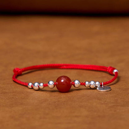Buddha Stones Handmade 925 Sterling Silver Fu Character Red Agate Fortune Braided Ultra-Thin Rope Bracelet