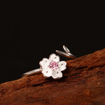 Bague ajustable en argent sterling 925 avec pierres de Bouddha et fleurs de cerisier Sakura