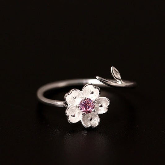 Buddha Stones 925 Sterling Silber Kirschblüte Sakura Blume Segen Verstellbarer Ring