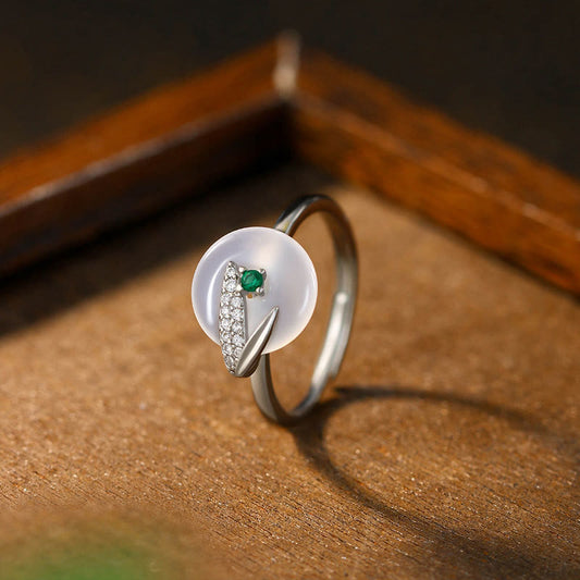 Buddha Stones Chalcedon Bambusblattmuster Positiv Verstellbarer Ring
