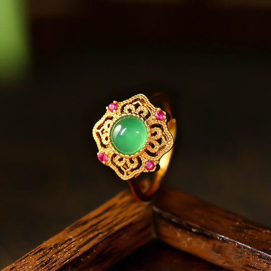 Buddha Stones Grüner Chalcedon Hohlmuster Stärke Verstellbarer Ring