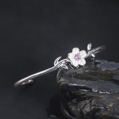 Bracelet jonc porte-bonheur en argent sterling 925 avec pierres de Bouddha et fleurs de cerisier