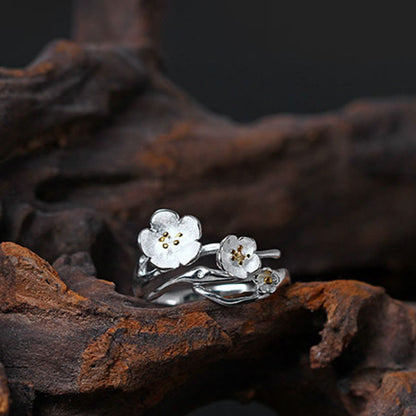 Bague d'équilibre en argent sterling 925 avec pierres de Bouddha et pomme de prunier