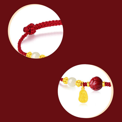 Bracelet porte-bonheur en jade et cinabre plaqué or 24 carats avec pierres de Bouddha et caractère Fu