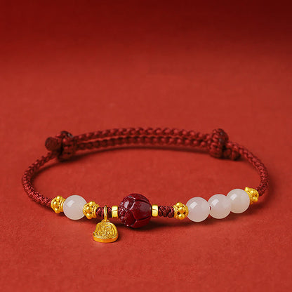 Bracelet porte-bonheur en jade et cinabre plaqué or 24 carats avec pierres de Bouddha et caractère Fu
