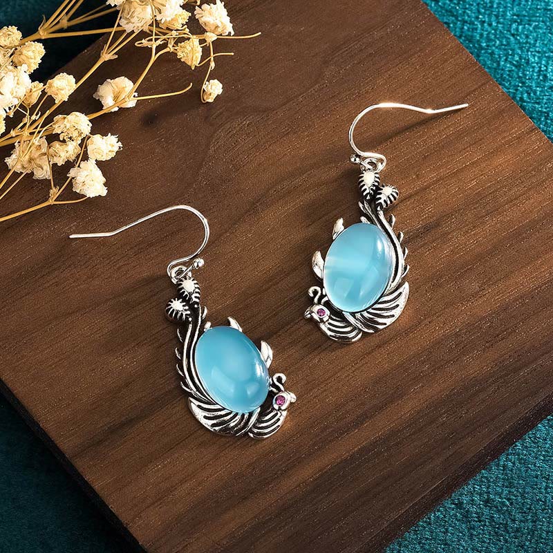 Boucles d'oreilles en argent sterling 925 avec pierres de Bouddha et calcédoine bleue, poisson koï, équilibre et vitalité