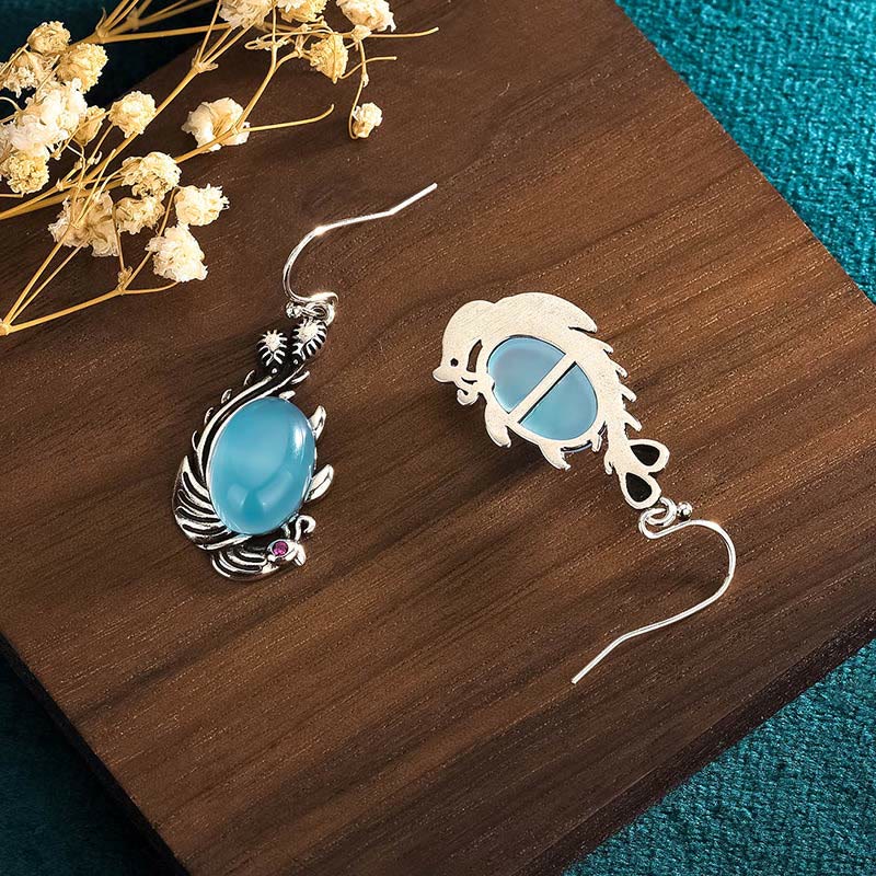 Boucles d'oreilles en argent sterling 925 avec pierres de Bouddha et calcédoine bleue, poisson koï, équilibre et vitalité