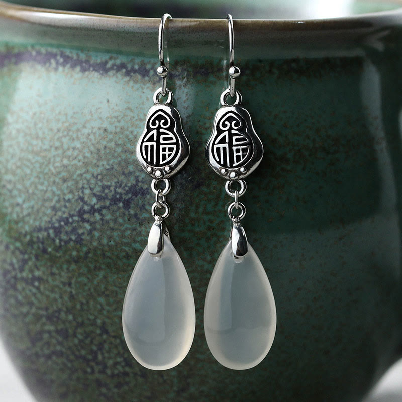 Boucles d'oreilles en argent sterling 925 avec pierres de Bouddha et calcédoine naturelle, symbole Fu, harmonie positive