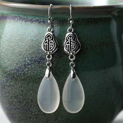Boucles d'oreilles en argent sterling 925 avec pierres de Bouddha et calcédoine naturelle, symbole Fu, harmonie positive