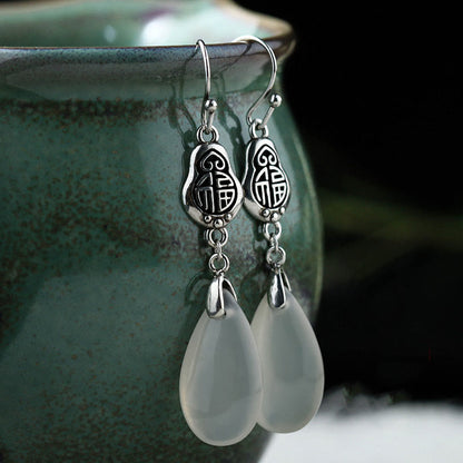 Boucles d'oreilles en argent sterling 925 avec pierres de Bouddha et calcédoine naturelle, symbole Fu, harmonie positive
