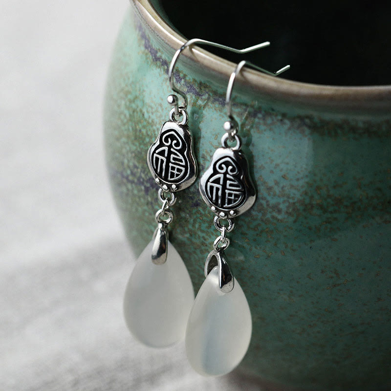 Boucles d'oreilles en argent sterling 925 avec pierres de Bouddha et calcédoine naturelle, symbole Fu, harmonie positive