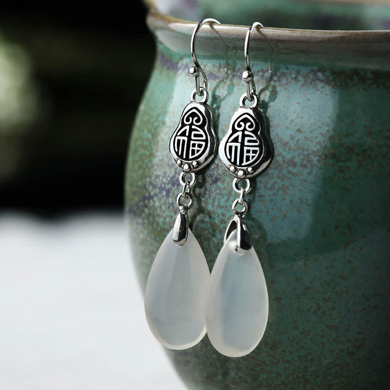Boucles d'oreilles en argent sterling 925 avec pierres de Bouddha et calcédoine naturelle, symbole Fu, harmonie positive