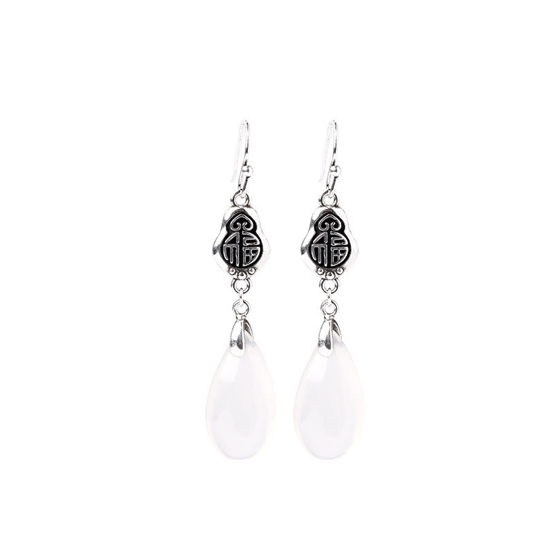 Boucles d'oreilles en argent sterling 925 avec pierres de Bouddha et calcédoine naturelle, symbole Fu, harmonie positive
