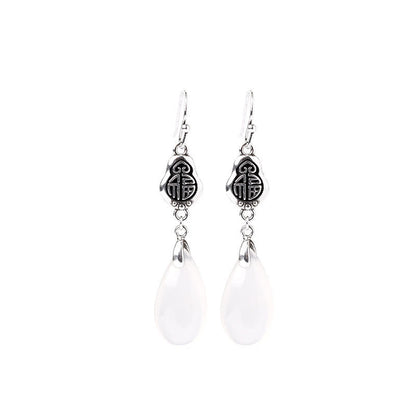 Boucles d'oreilles en argent sterling 925 avec pierres de Bouddha et calcédoine naturelle, symbole Fu, harmonie positive