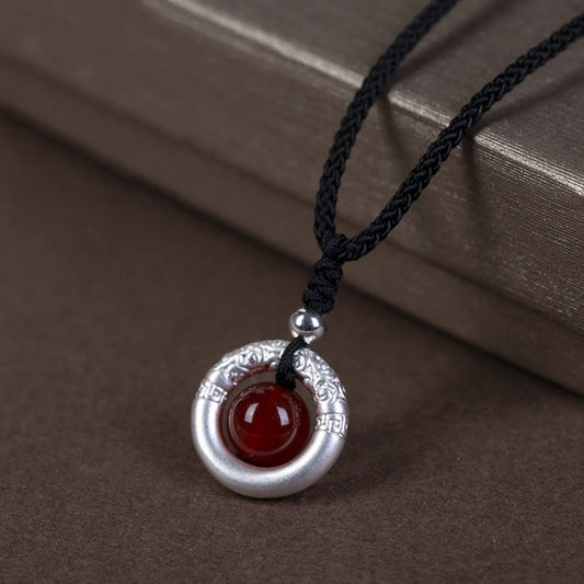 Buddha Stones 999 Sterling Silber Roter Achat Friedensschnalle Segen Halskette Anhänger