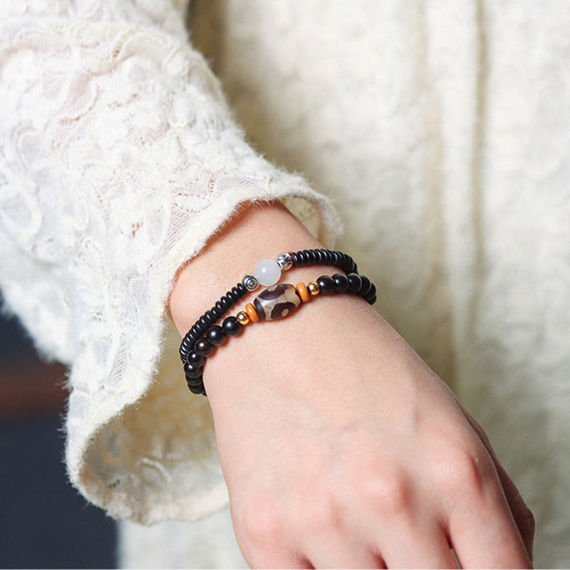 Buddha Stones Ebenholz Sandelholz Grün Sandelholz Dzi Perle Balance Calm Doppel Wickelarmband 