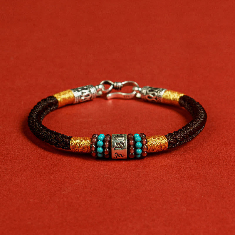 Buddha Stones Rote Schnur Schwarze Schnur Sechs wahre Worte 925 Sterling Silber Verbindungsarmband 
