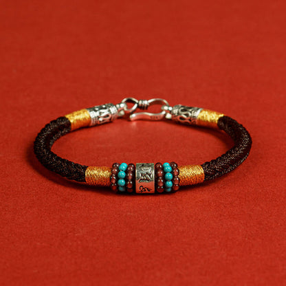 Buddha Stones Rote Schnur Schwarze Schnur Sechs wahre Worte 925 Sterling Silber Verbindungsarmband 