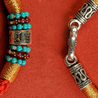 Buddha Stones Rote Schnur Schwarze Schnur Sechs wahre Worte 925 Sterling Silber Verbindungsarmband 
