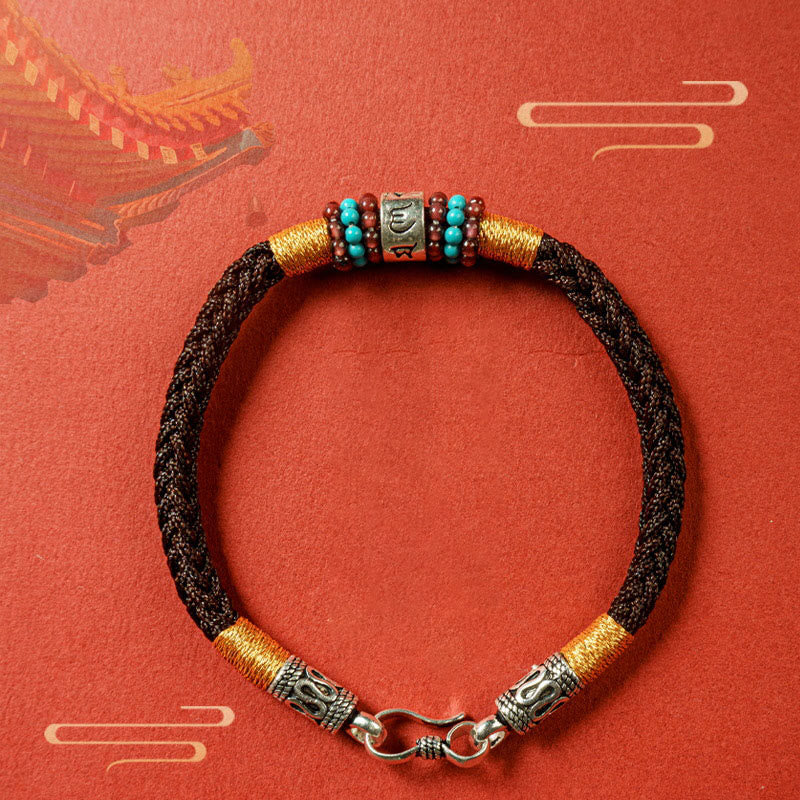 Buddha Stones Rote Schnur Schwarze Schnur Sechs wahre Worte 925 Sterling Silber Verbindungsarmband 