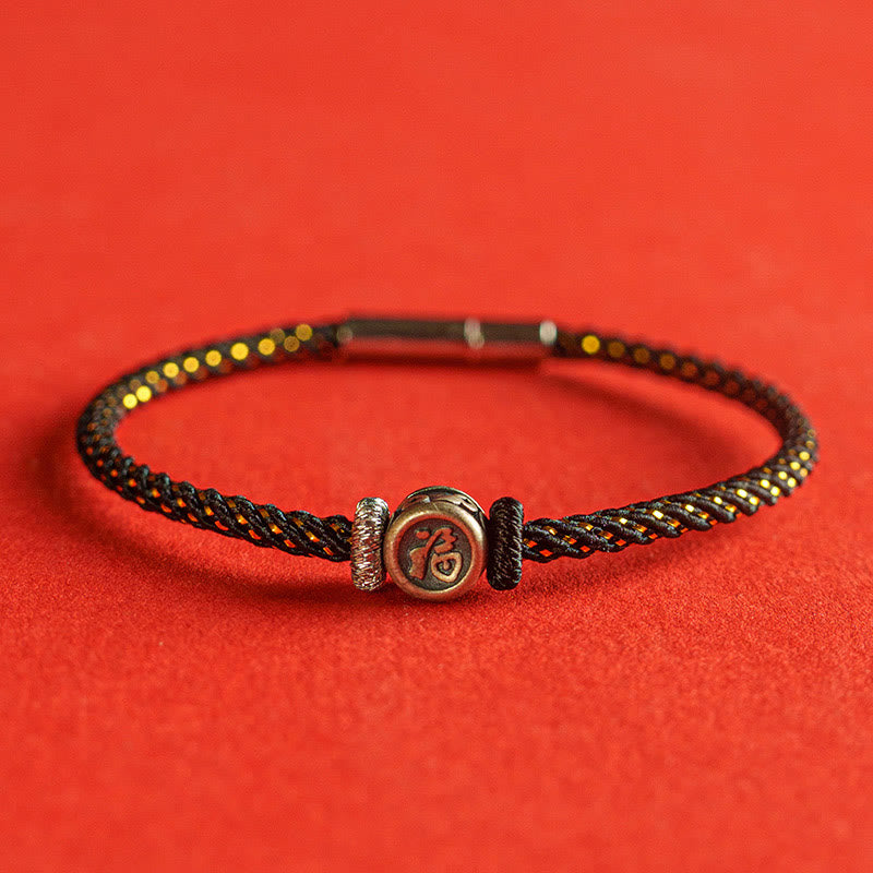 Buddha-Steine, geflochtene Schnur, 925 Sterling Silber, Fu-Charakter, Glaube-Armband 